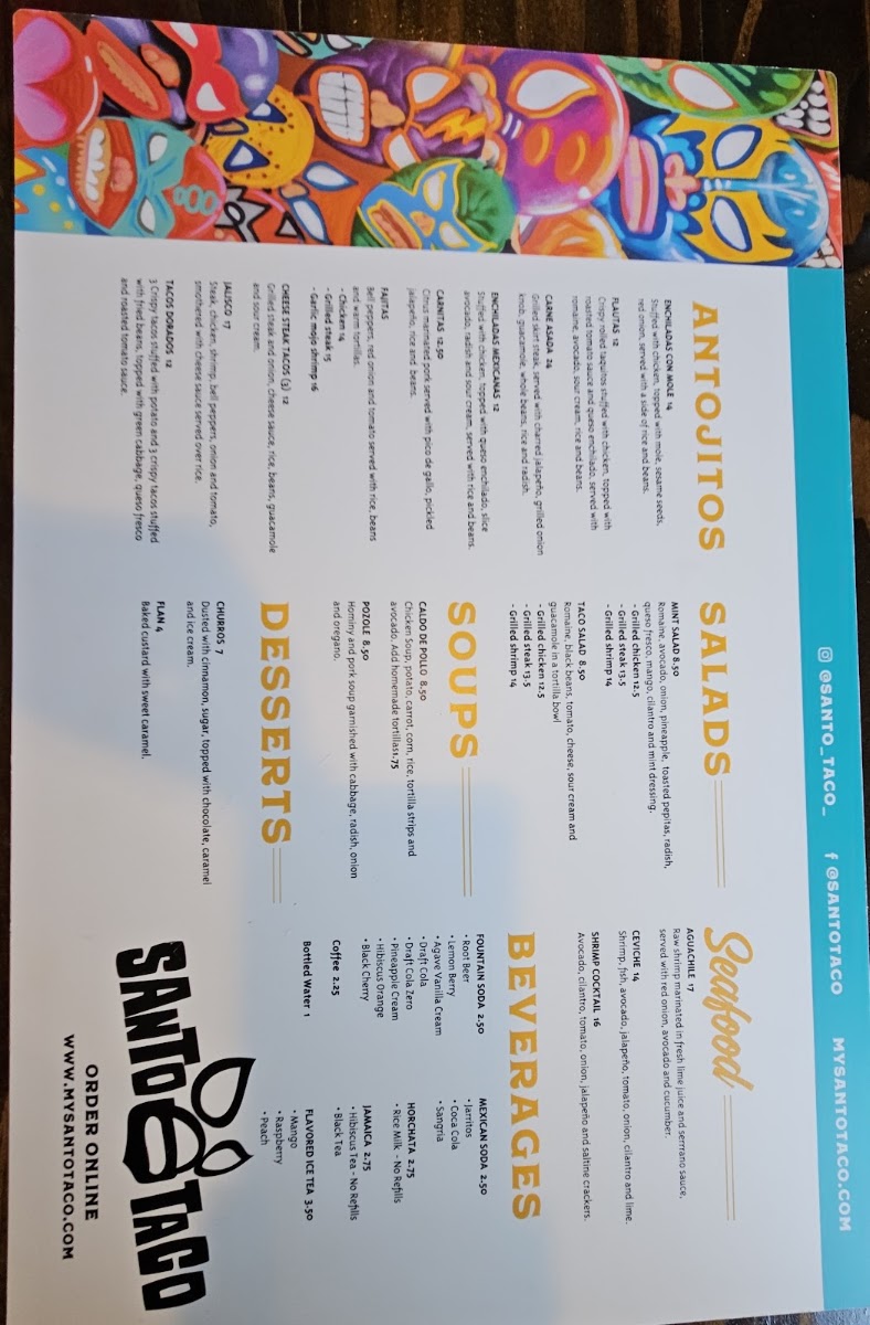 Santo Taco menu board