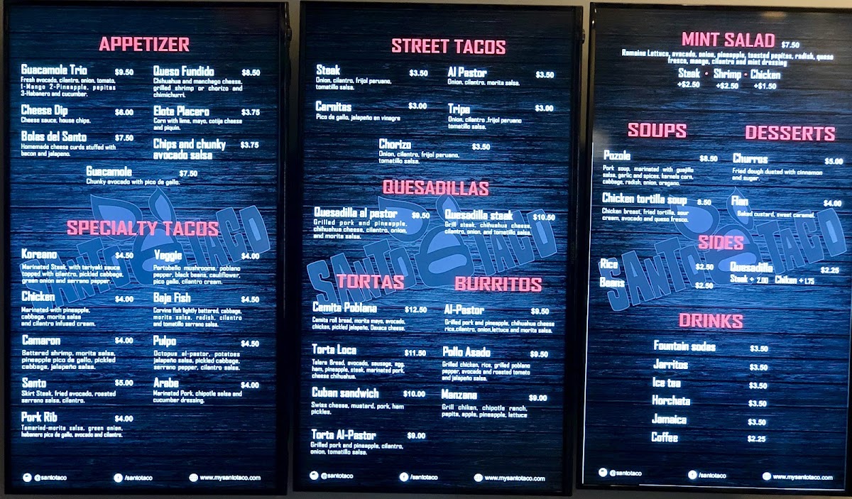 Santo Taco menu board