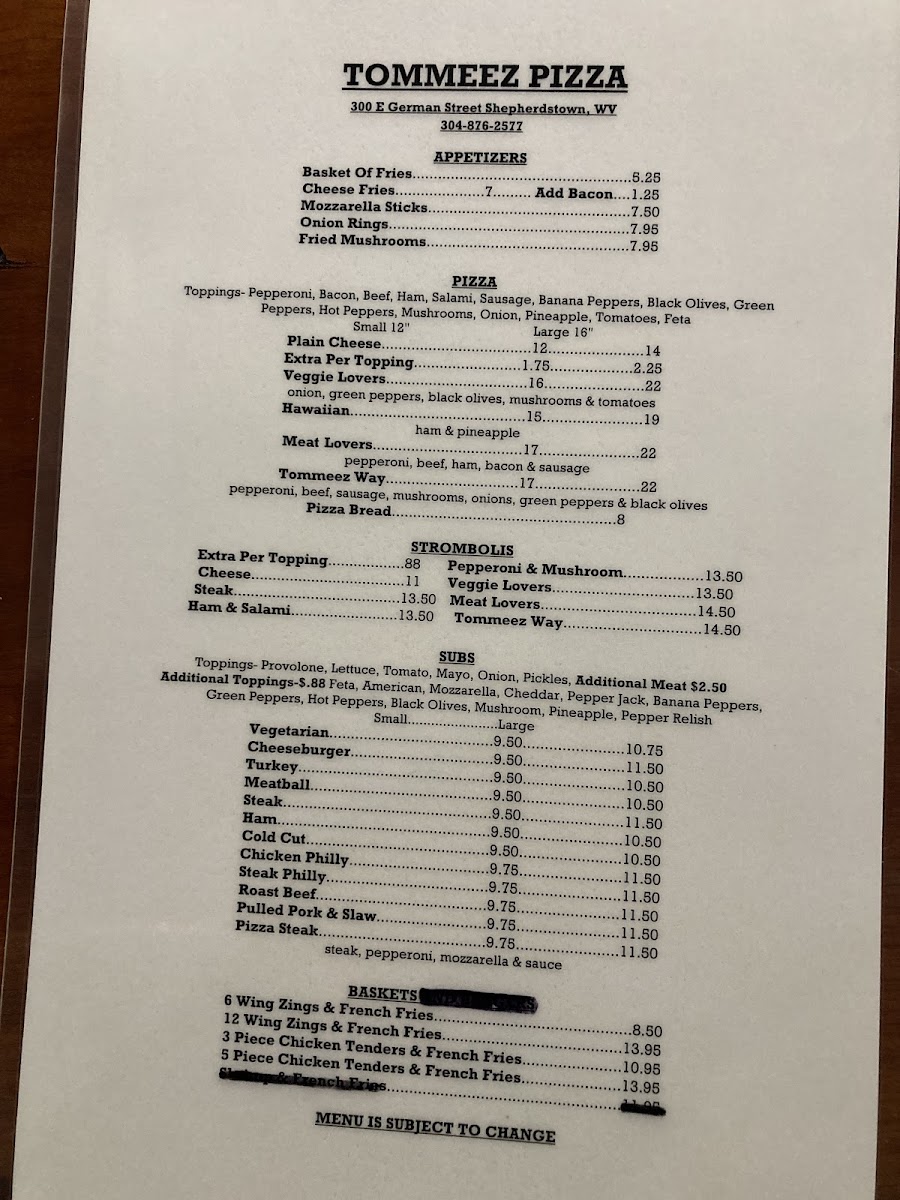Tommeez Pizza & Sub menu board