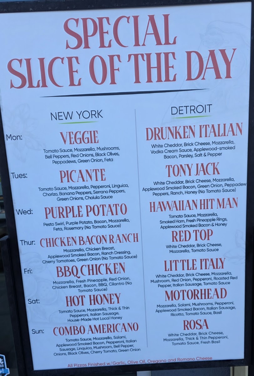 Slice House by Tony Gemignani menu board
