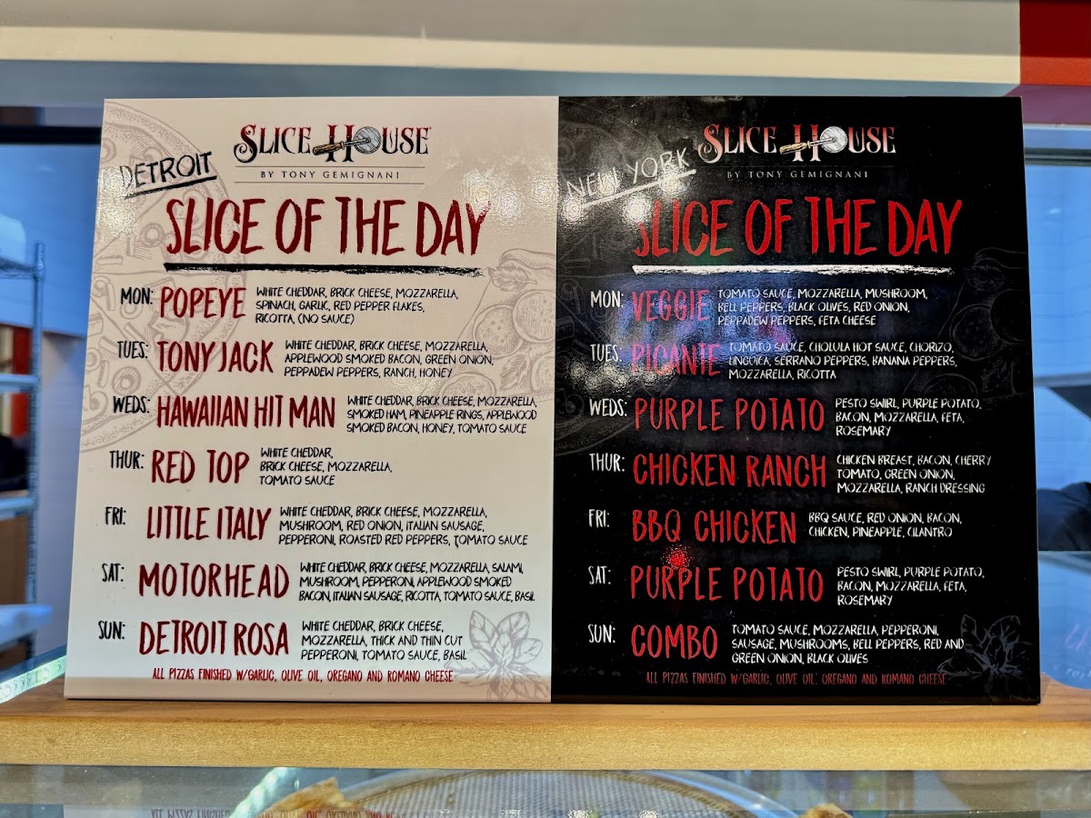 Slice House by Tony Gemignani menu board