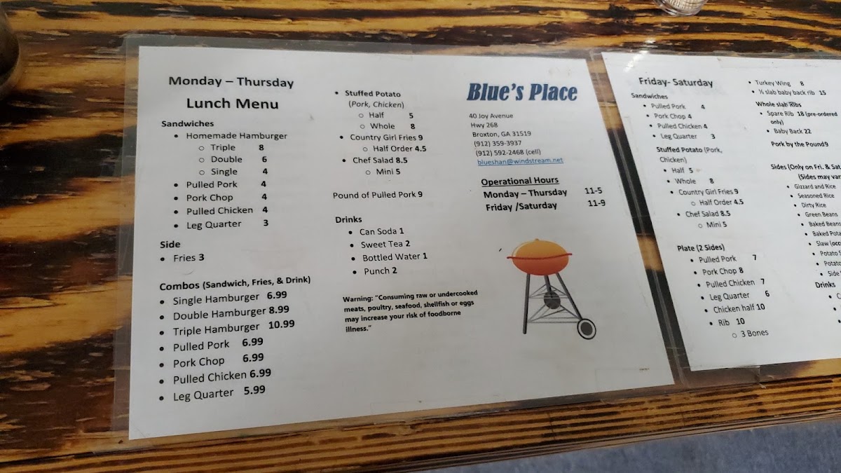 BLUE'S PLACE menu board