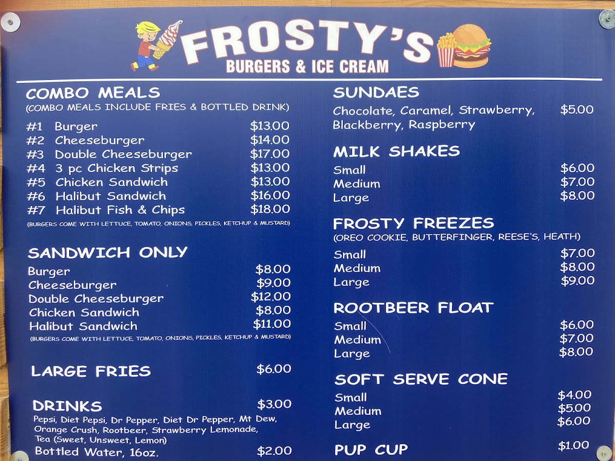 Frosty's Broasted Chicken & Burgers menu board