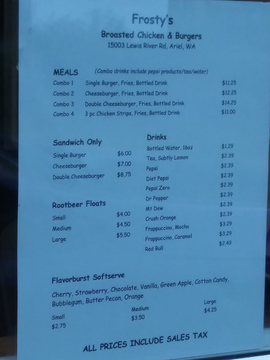 Frosty's Broasted Chicken & Burgers menu board