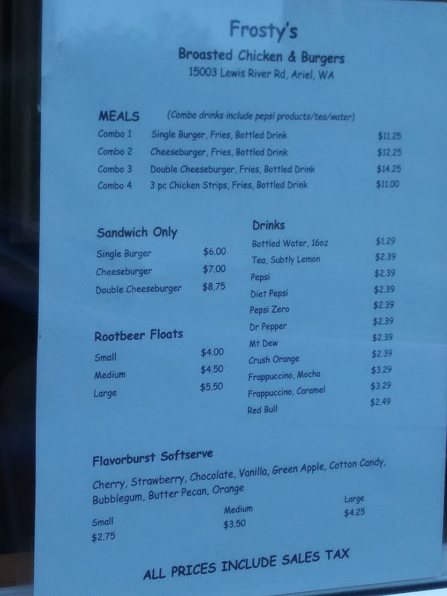 Frosty's Broasted Chicken & Burgers menu board