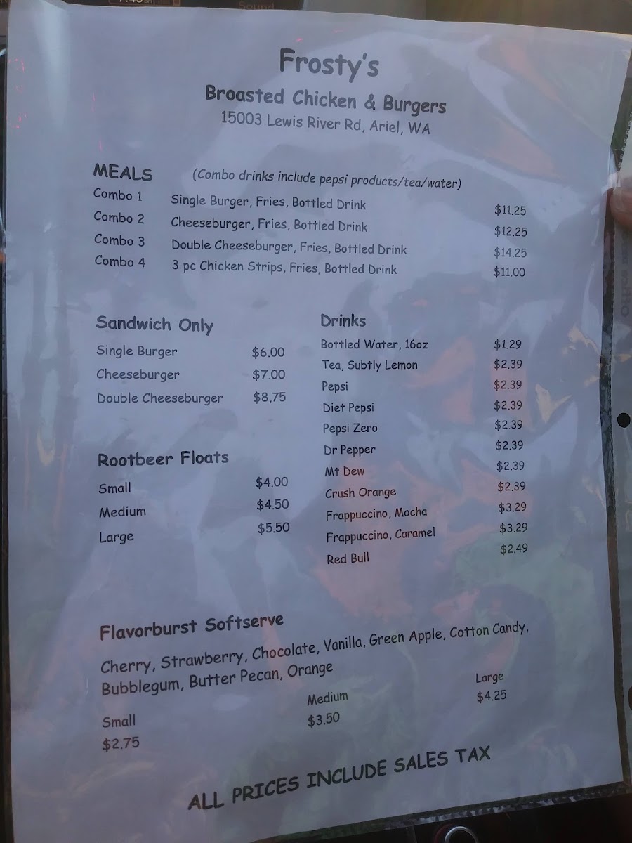 Frosty's Broasted Chicken & Burgers menu board