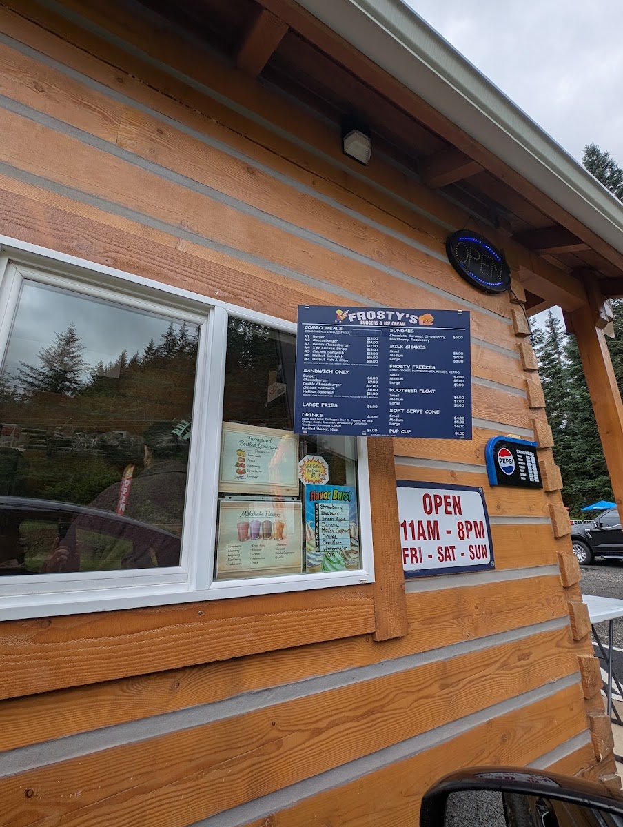 Frosty's Broasted Chicken & Burgers menu board