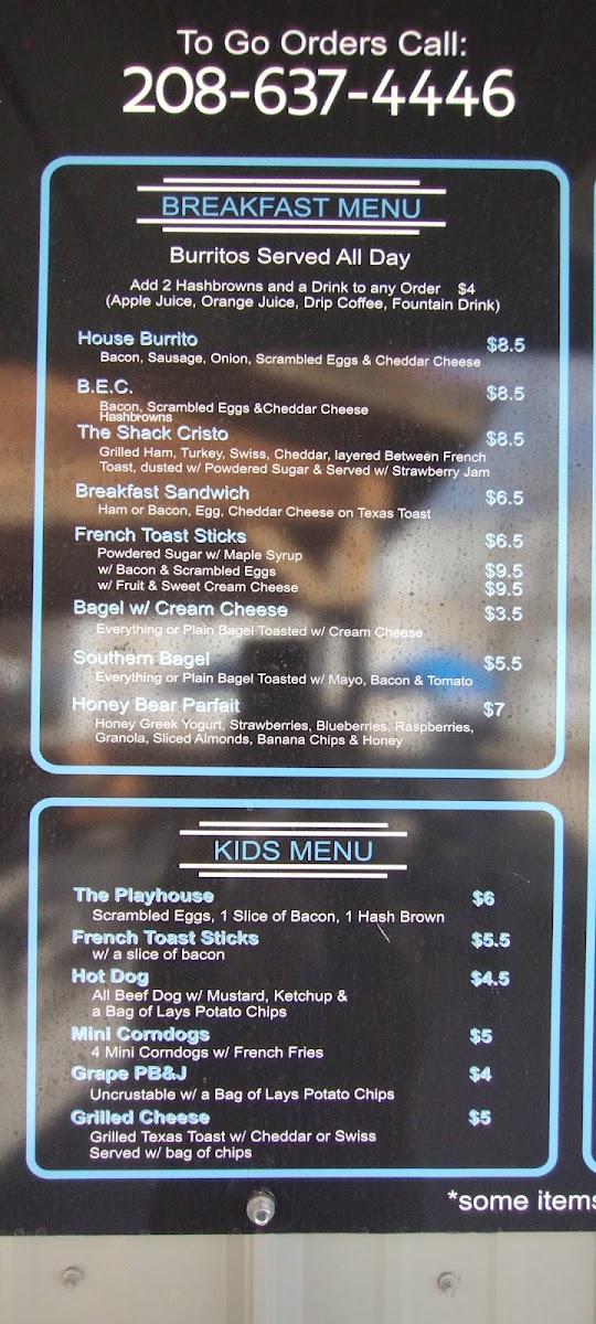 The Shack menu board