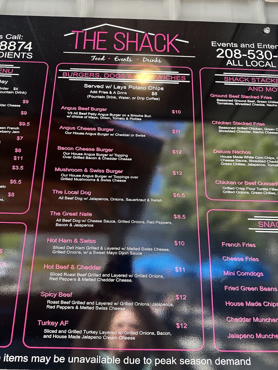 The Shack menu board