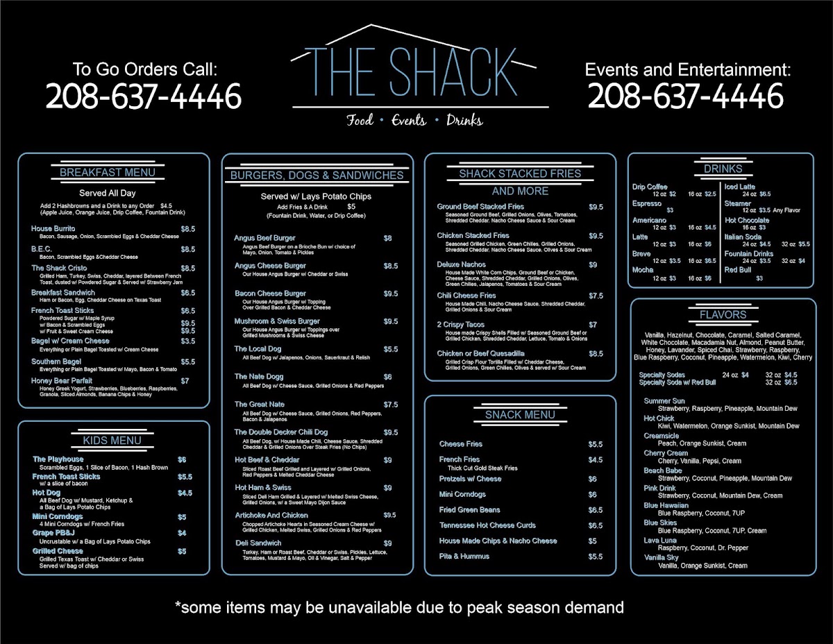 The Shack menu board