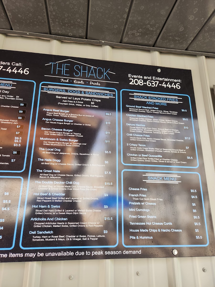 The Shack menu board