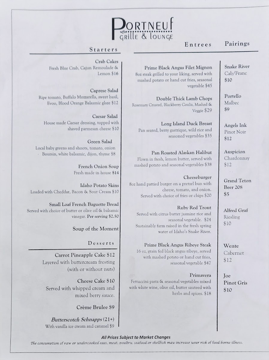 Portneuf Grille & Lounge menu board