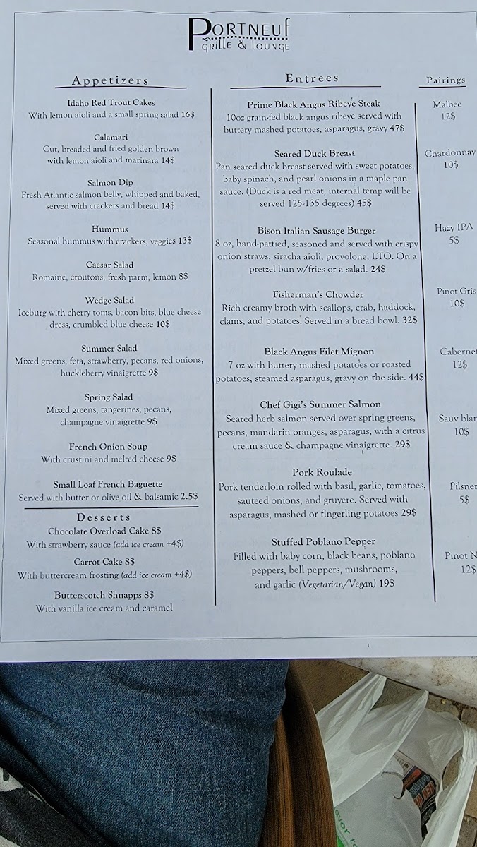 Portneuf Grille & Lounge menu board