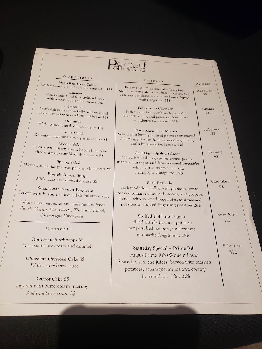 Portneuf Grille & Lounge menu board