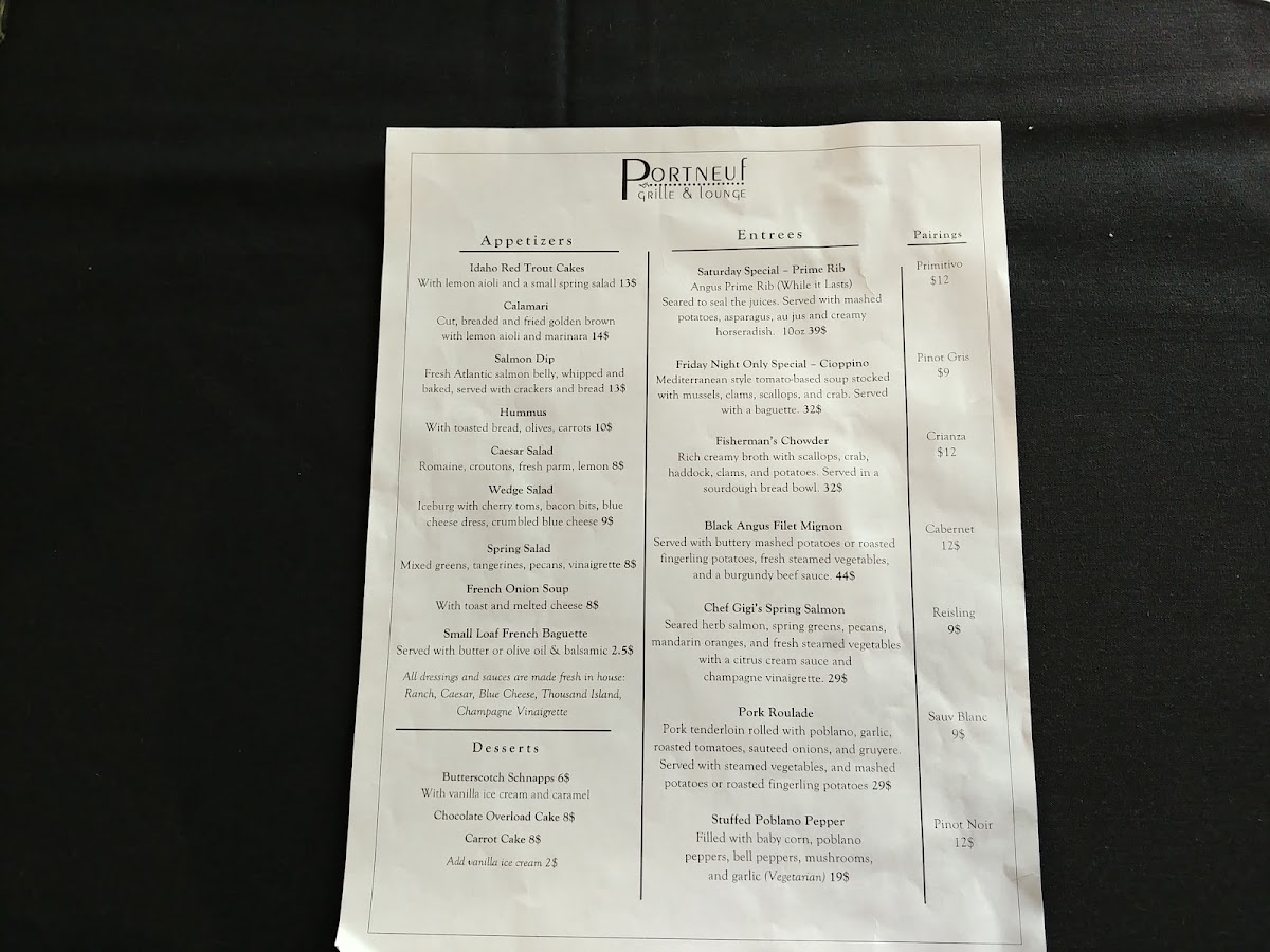Portneuf Grille & Lounge menu board