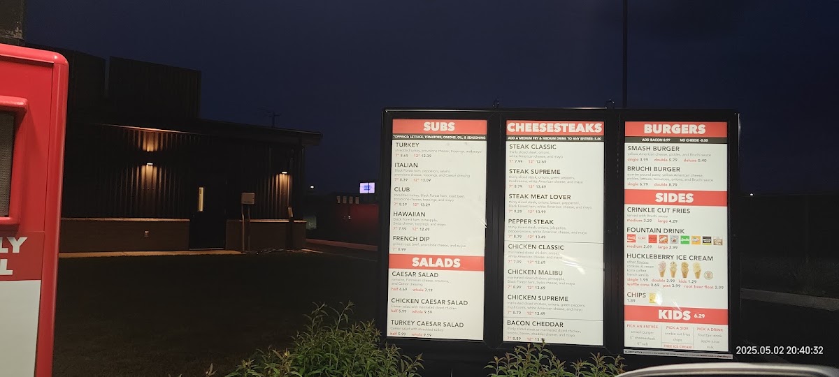 Bruchi's Cheesesteaks & Burgers menu board