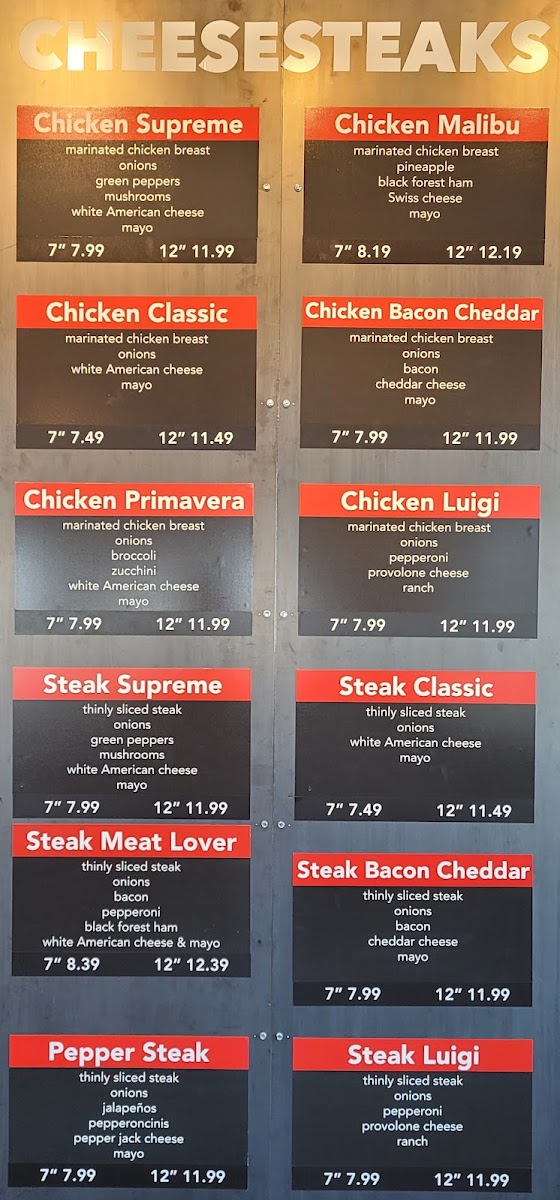 Bruchi's Cheesesteaks & Burgers menu board