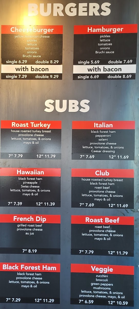 Bruchi's Cheesesteaks & Burgers menu board
