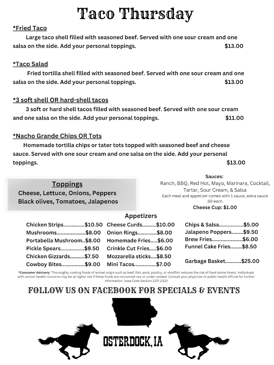 Stockyard Restaurant and Bar menu board