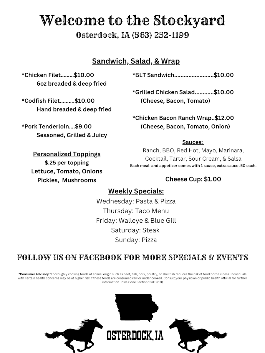 Stockyard Restaurant and Bar menu board