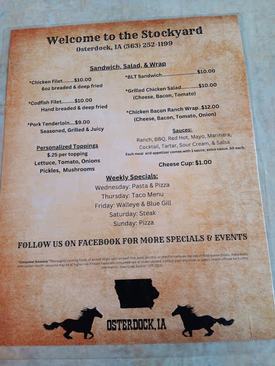 Stockyard Restaurant and Bar menu board