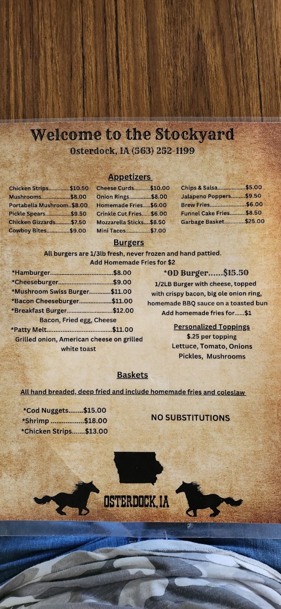 Stockyard Restaurant and Bar menu board