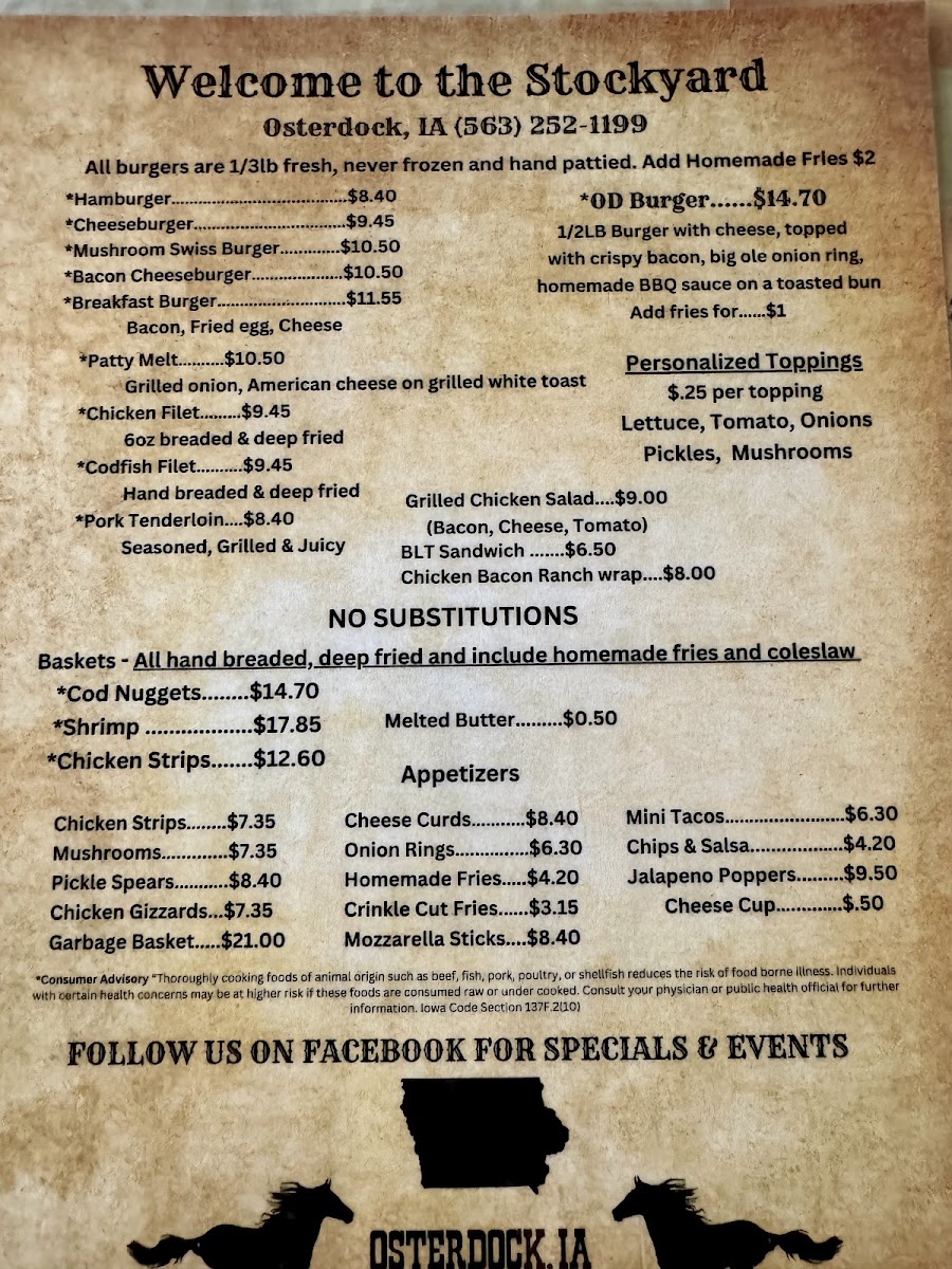 Stockyard Restaurant and Bar menu board