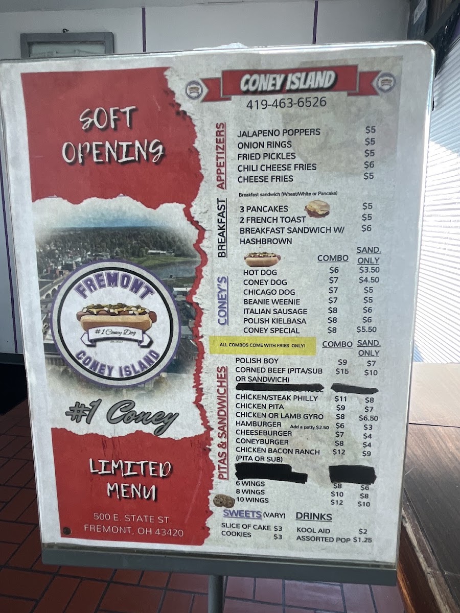 Fremont Coney Island menu board