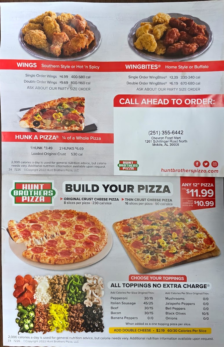 Hunt Brother's Pizza menu board