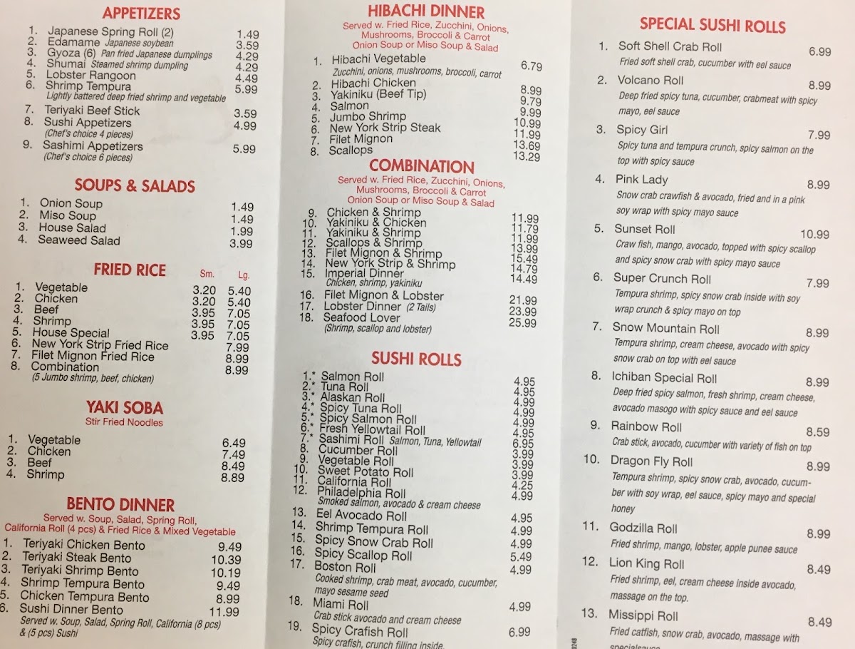 ichaban japanese steakhouse menu board