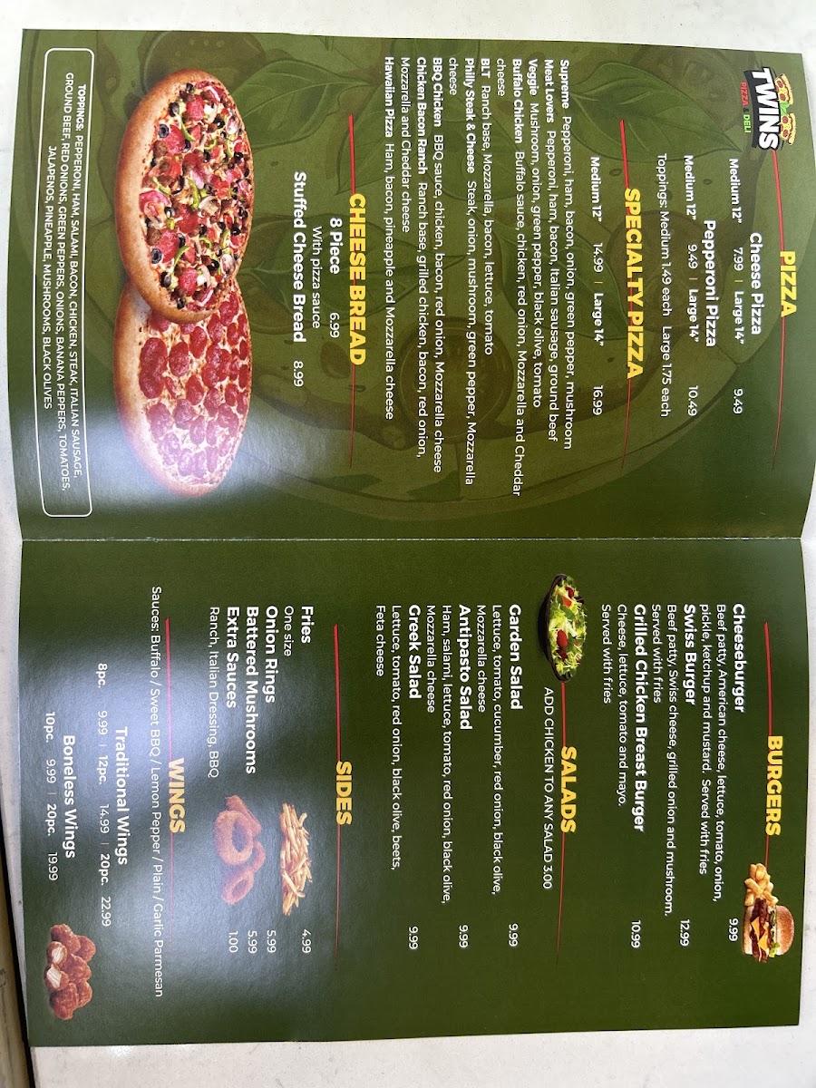 Twins Pizza and Deli menu board