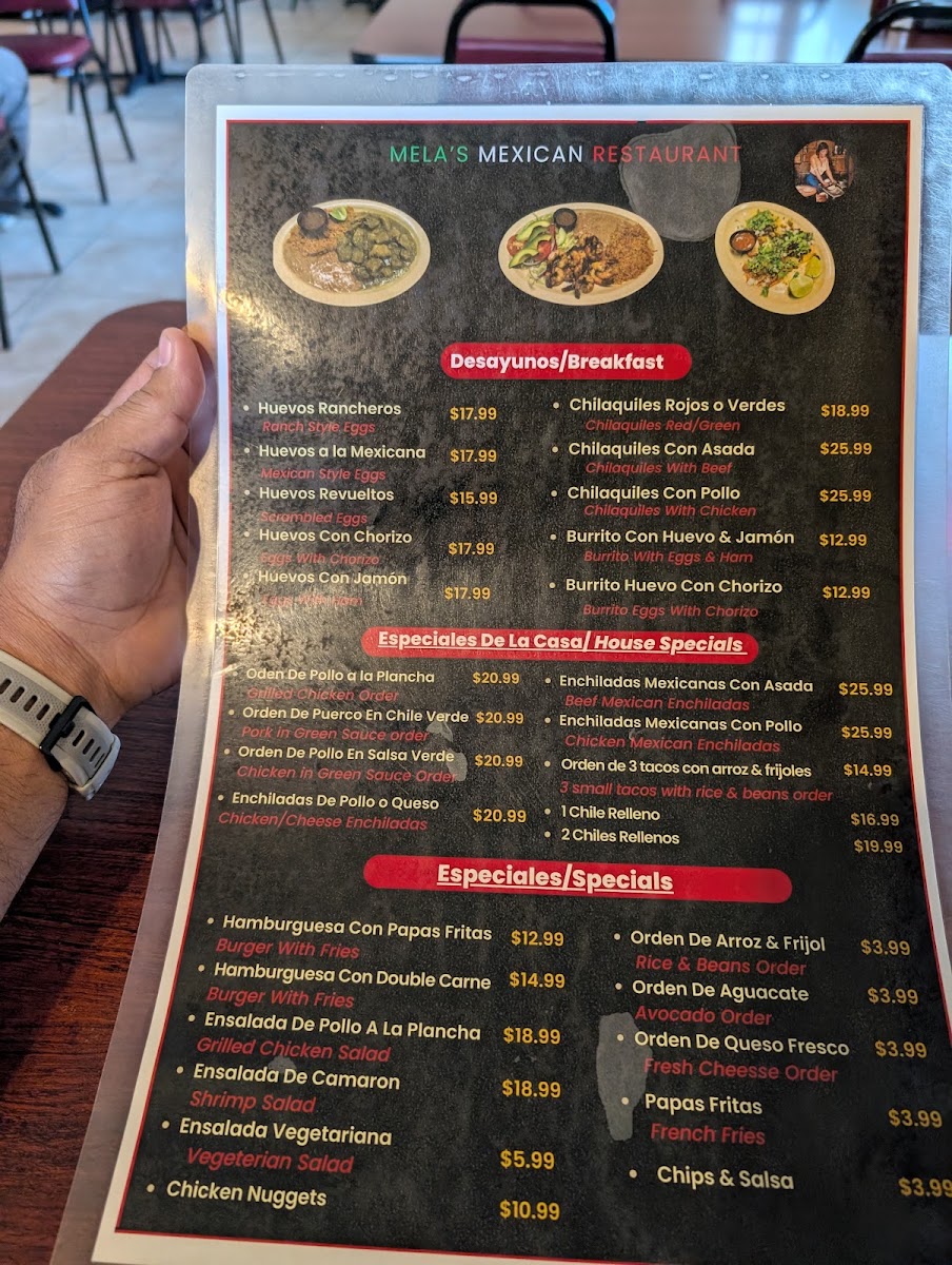 Mela's Méxican Restaurant menu board