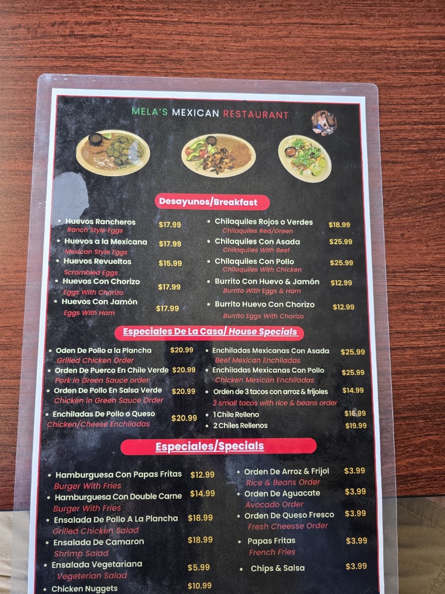 Mela's Méxican Restaurant menu board