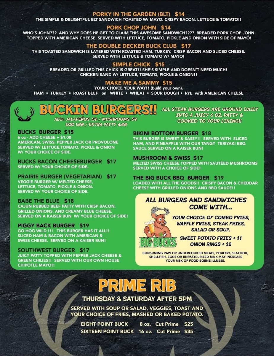 Big Bucks Sports Bar Grill ~ Casino menu board