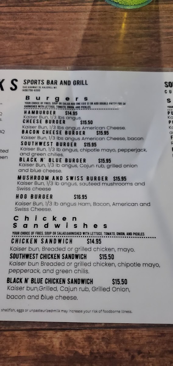 Big Bucks Sports Bar Grill ~ Casino menu board