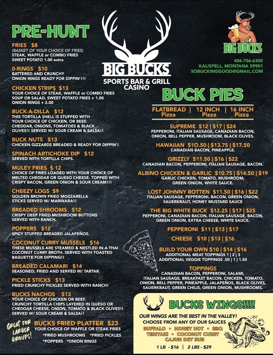 Big Bucks Sports Bar Grill ~ Casino menu board