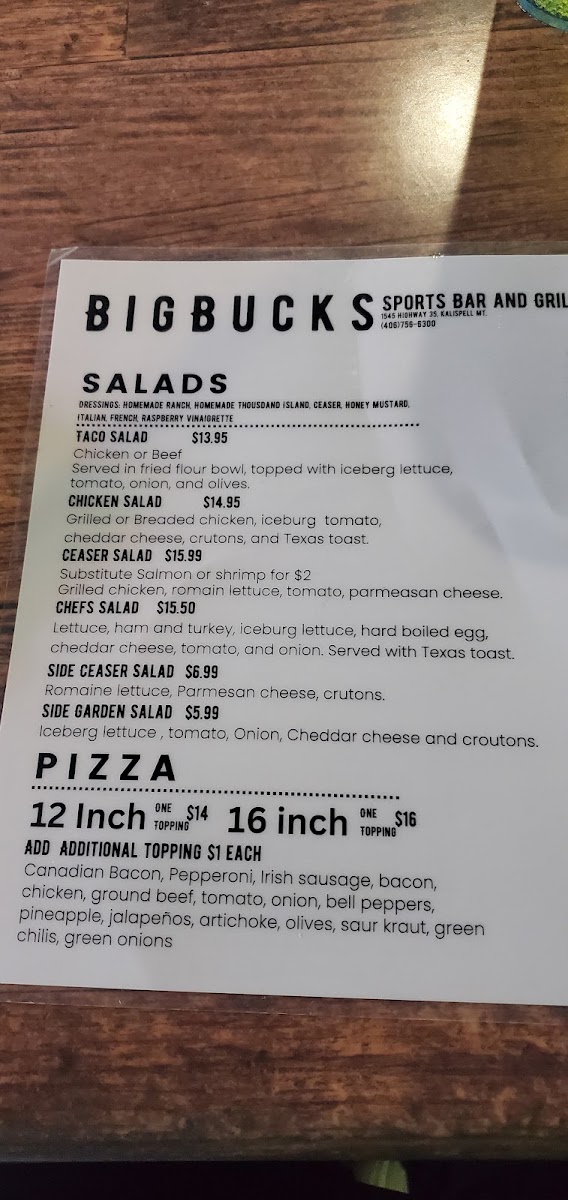 Big Bucks Sports Bar Grill ~ Casino menu board