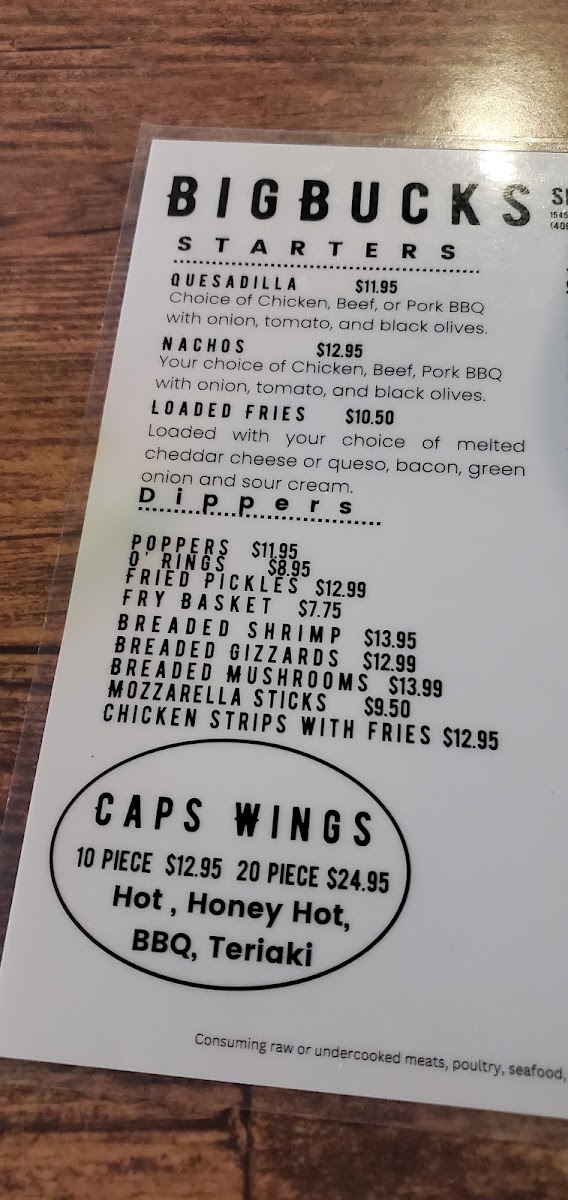 Big Bucks Sports Bar Grill ~ Casino menu board