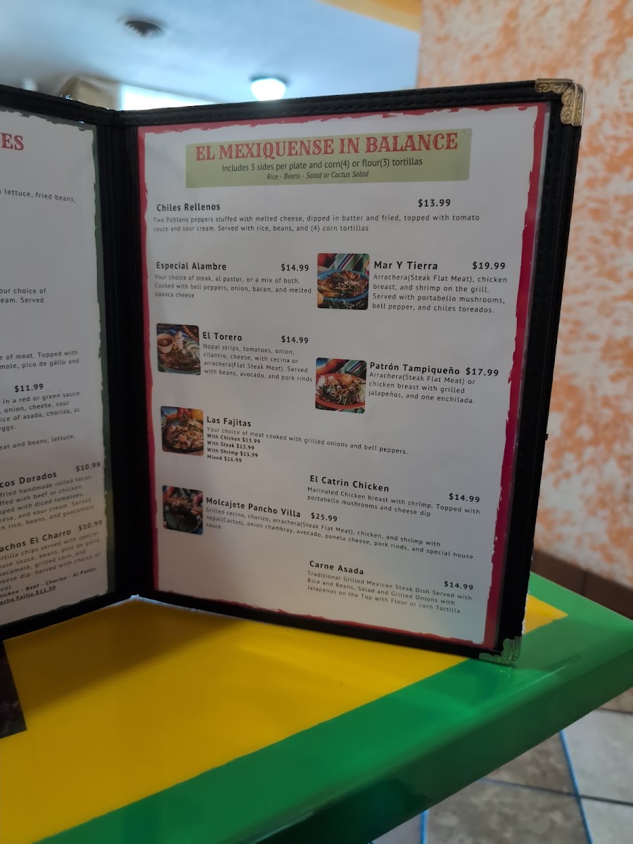 El Mexiquense Wood Grill Cuisine menu board