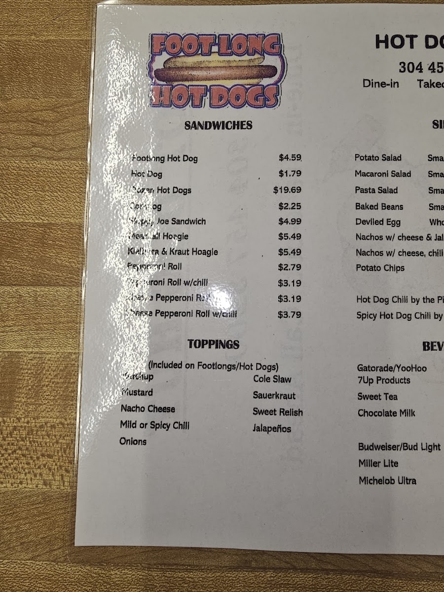 Hot Dog Hut menu board