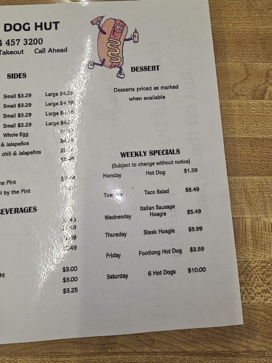 Hot Dog Hut menu board