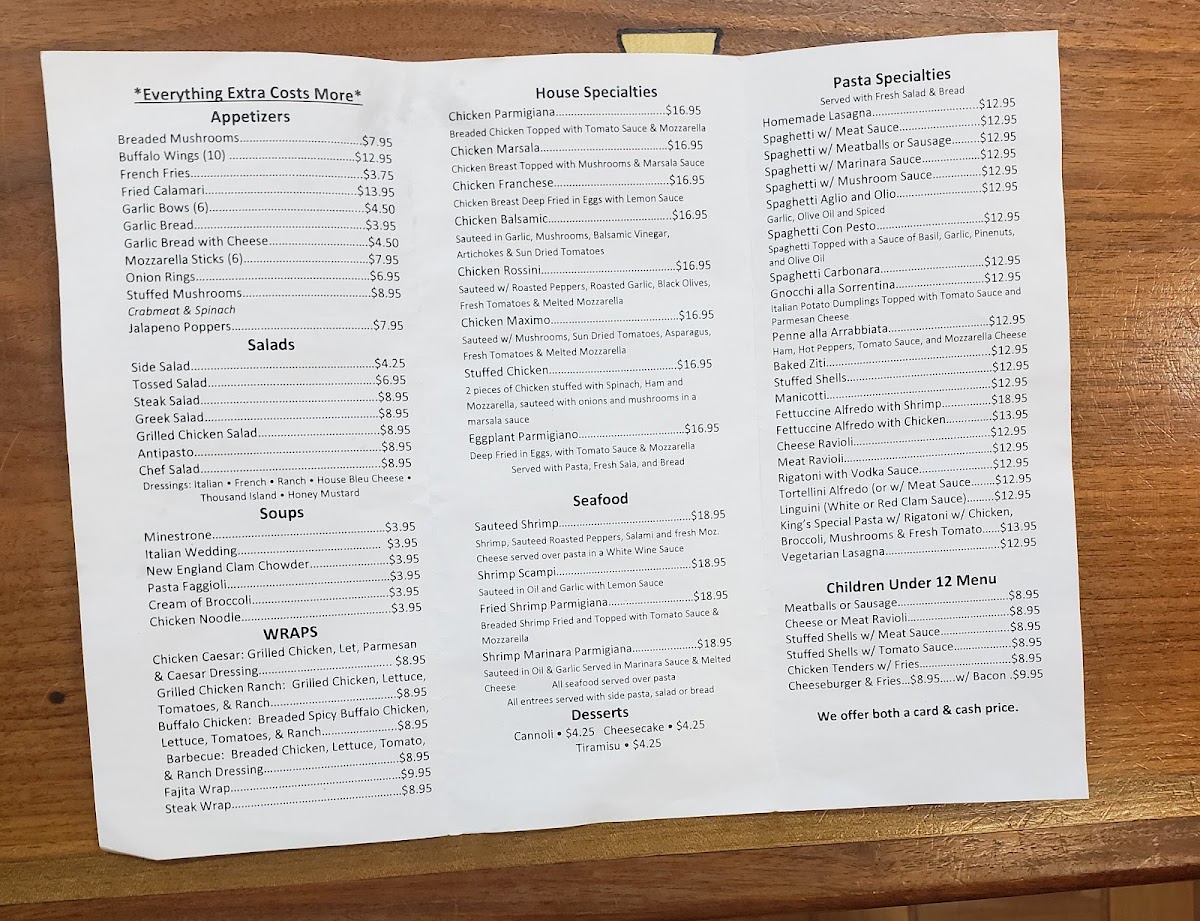 King's New York menu board