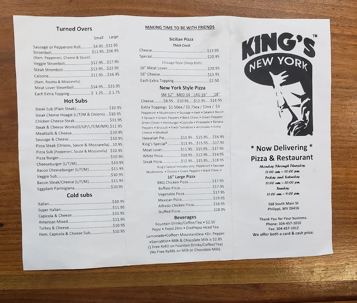 King's New York menu board