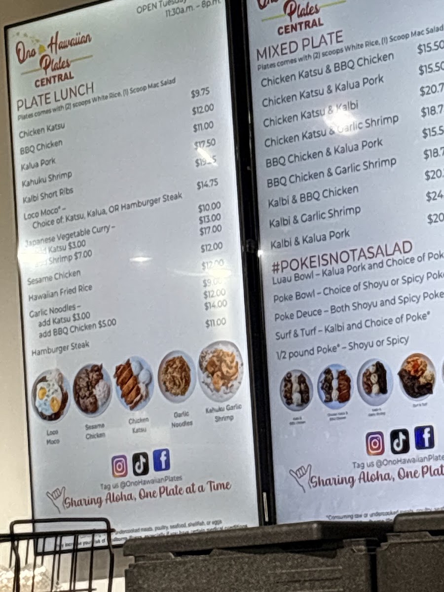 Ono Hawaiian Plates Central menu board