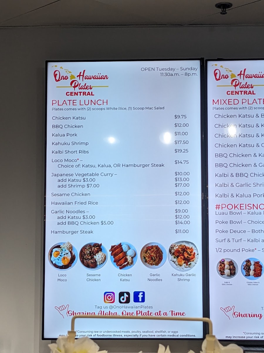 Ono Hawaiian Plates Central menu board