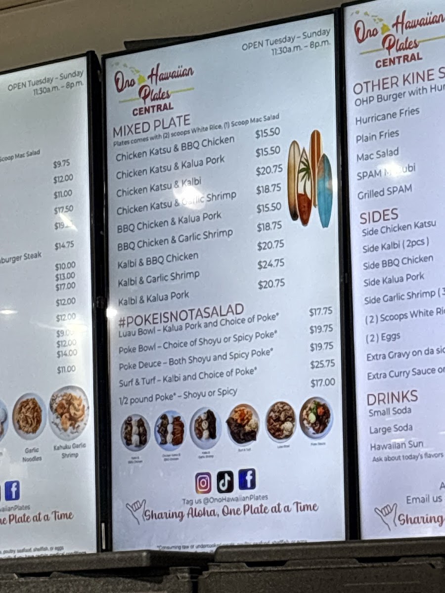 Ono Hawaiian Plates Central menu board
