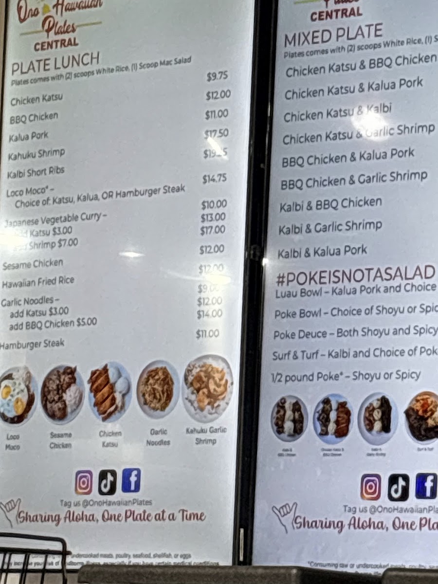 Ono Hawaiian Plates Central menu board
