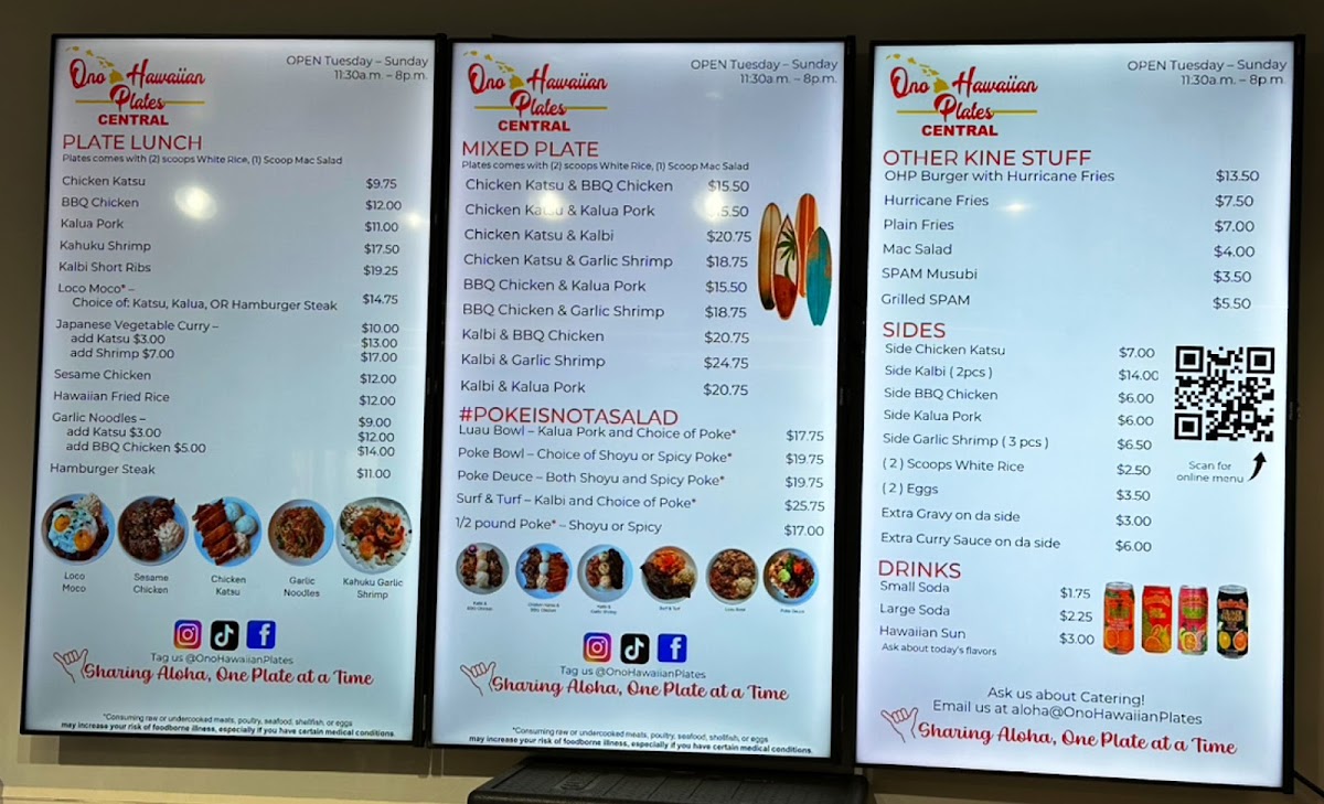 Ono Hawaiian Plates Central menu board