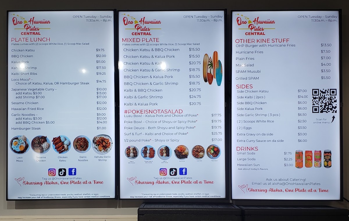 Ono Hawaiian Plates Central menu board