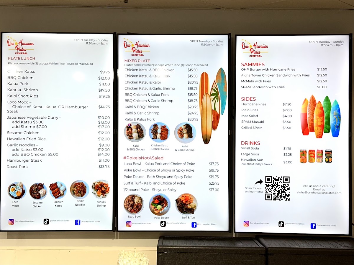 Ono Hawaiian Plates Central menu board